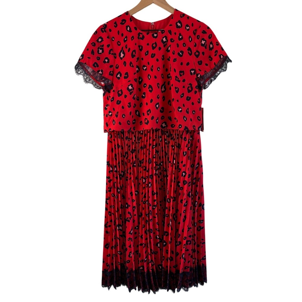 NEW Mikael Aghal Leopard Print Pleated Midi Dress Red 6 Office Cocktail Chic